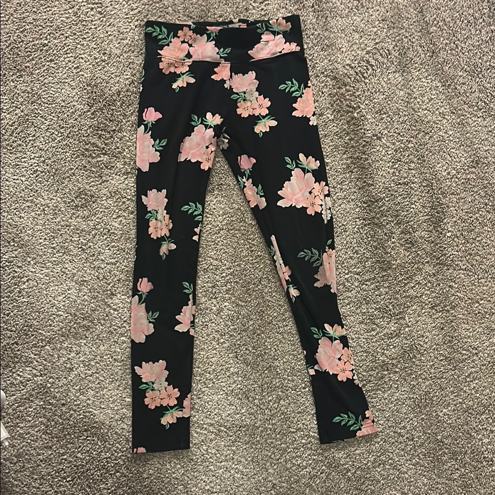 Justice Black and Pink Floral Leggings High Waist Activewear